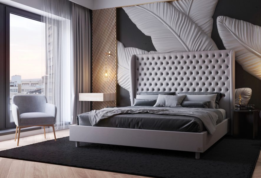 Elegantní čalouněná postel s designovým čelem